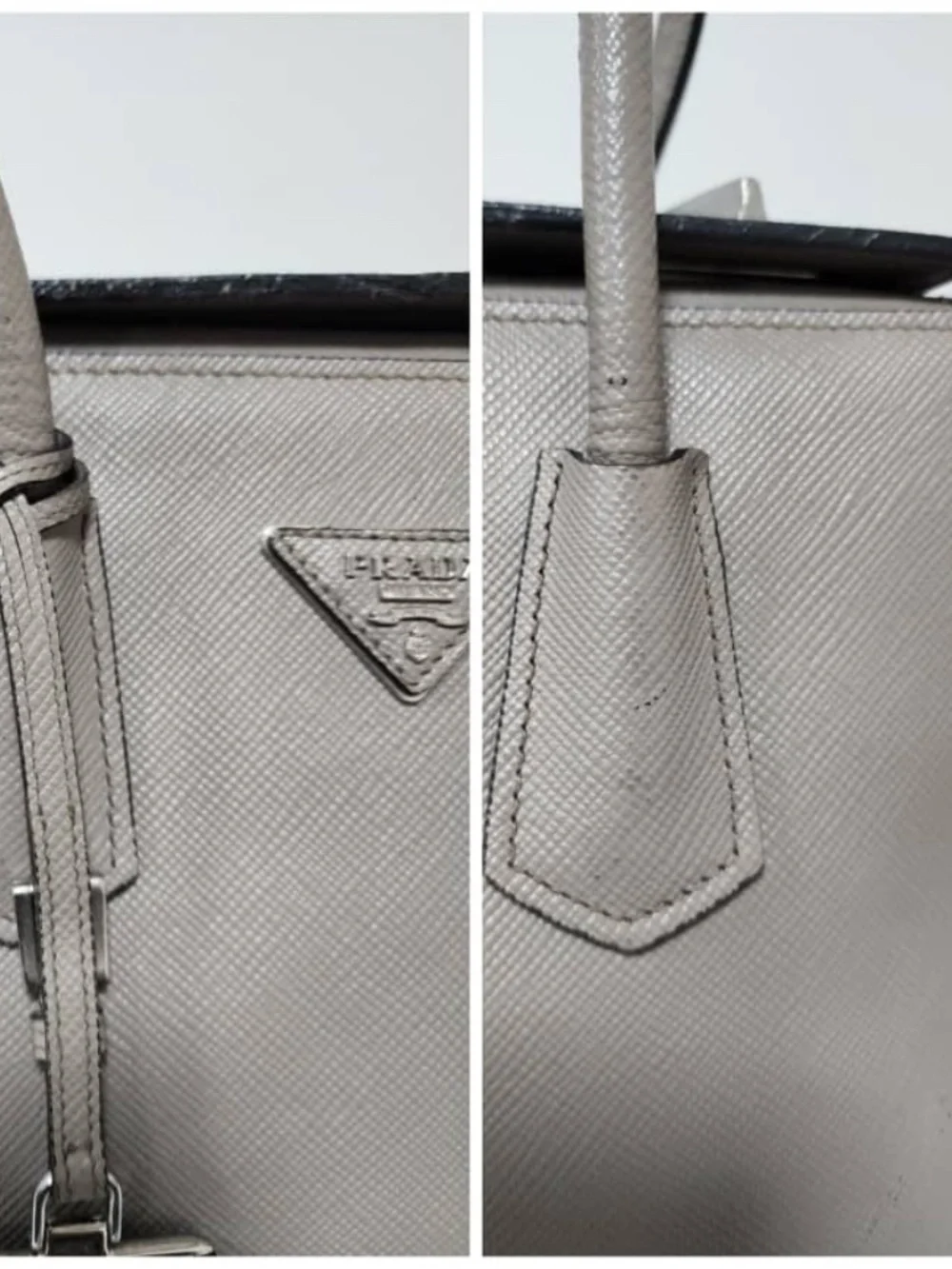 Authentic Prada Grey Saffiano Cuir Leather Twin Tote Bag